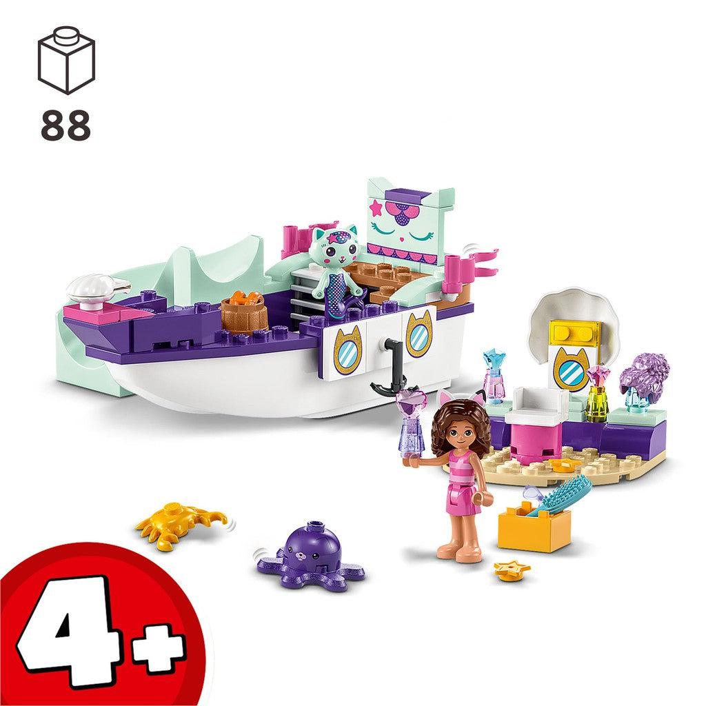 for ages 4+ with 88 LEGO pieces for Gabby and the Mermaid cat ship.