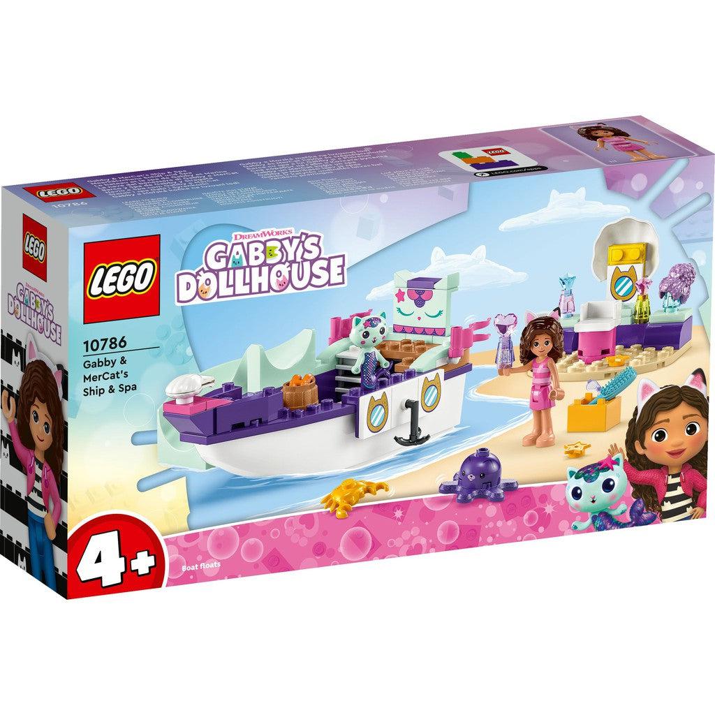 the image shows teh LEGO Dreamworks, Gabby's Dollhouse. its a ship  that  is cat themed whih a beach spa, also cat themes. 