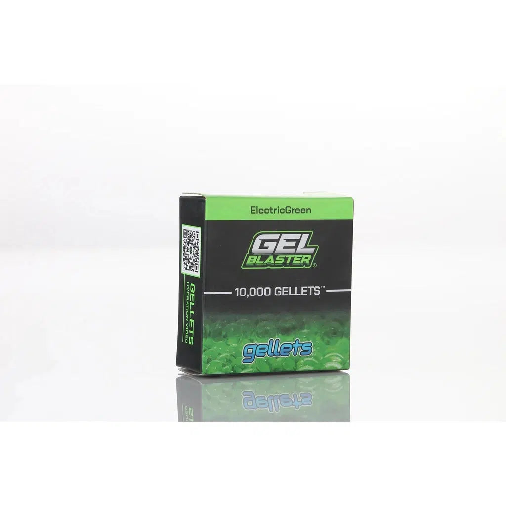 Image of the gellet box. On the front is the gellet and gel blaster logos in front of a pile of electric green gellets.