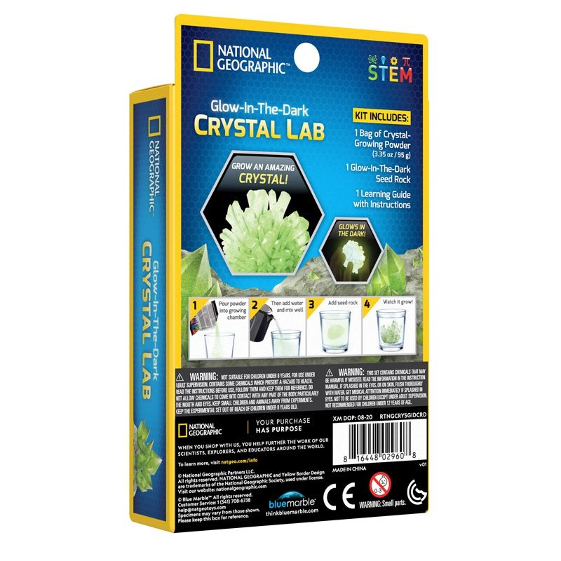image of the back of the box, grow an amazing crystal, glows in the dark. instructions are shown on the back, add powder, add water, add seed rock and watch the crystals grow!