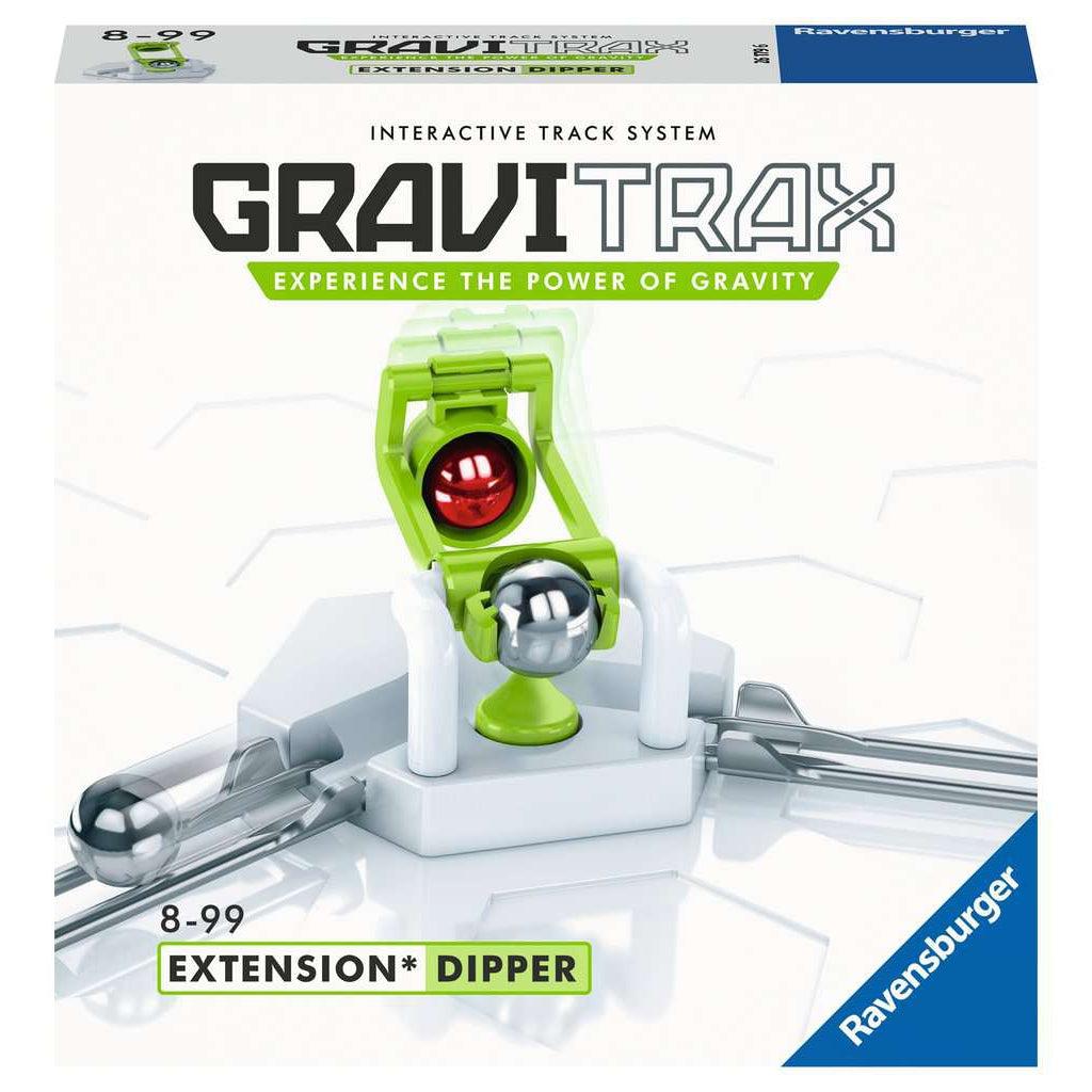 Image of the box for GraviTrax Dipper. On the front is a picture of the marble accessory in action.
