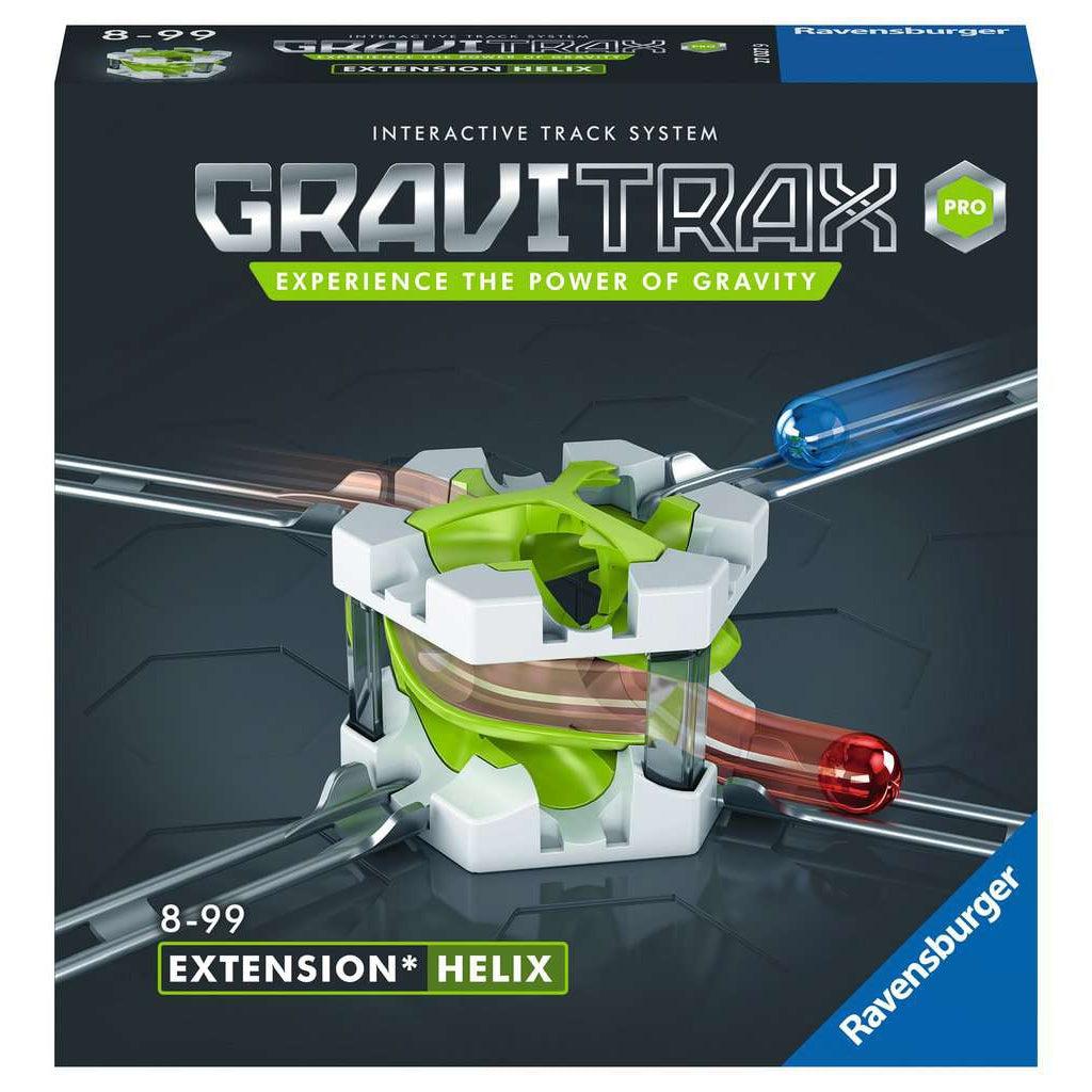 Image of the box for the GraviTrax PRO Helix. On the front is a picture of the marble run accessory in action.