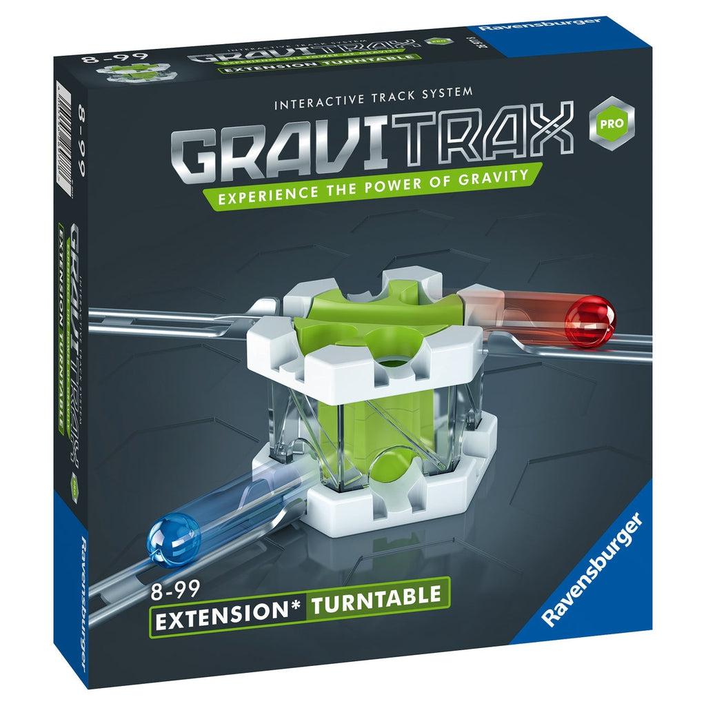 Image of the box for the GraviTrax PRO Turntable. On the front is a picture of the marble track accessory in action.