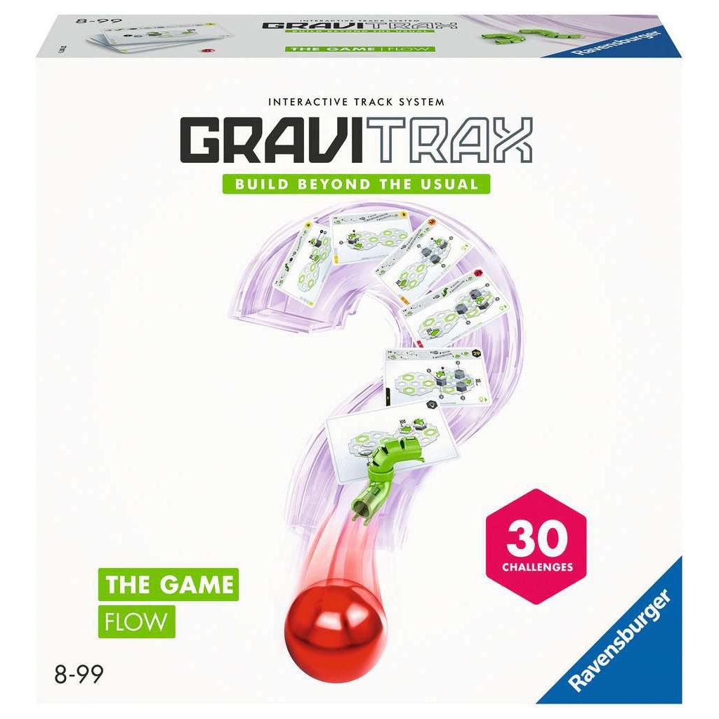 Image of the box for GraviTrax The Game: Flow. On the front are pictures of task cards put into the shape of a question mark.