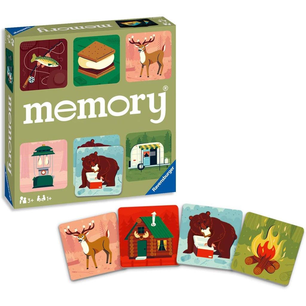 memory and matching game made by ravensburger. there is a picture of a bear, deer, fish, and smores on the cover