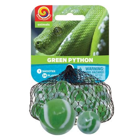 Image of the Green Python glass marbles. They are an opaque green with white stripes.