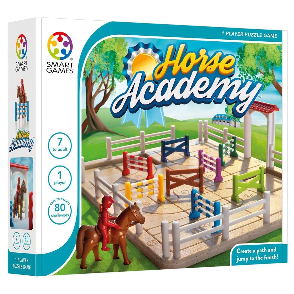 Image of the box for the game Horse Academy. On the front is a picture of the puzzle game.