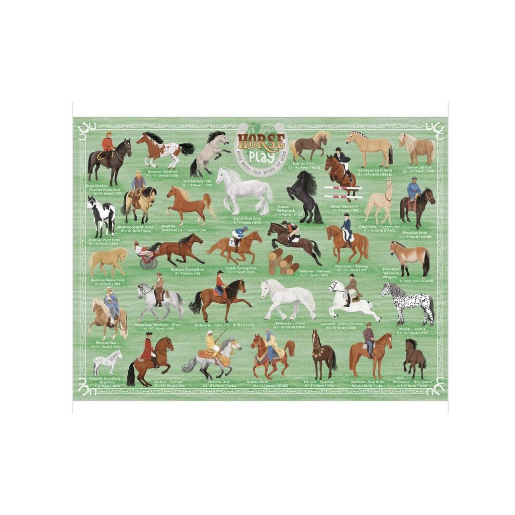 Image of the finished puzzle. It is a picture of 34 different horse breeds with some of them being ridden. 