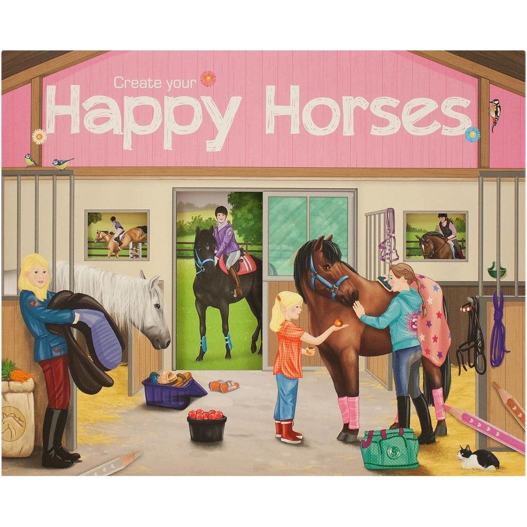 Image of the cover for the Horse Dreams Happy Horses Sticker Book. On the front is an illustration of a horse barn with many people petting and caring for the horses.