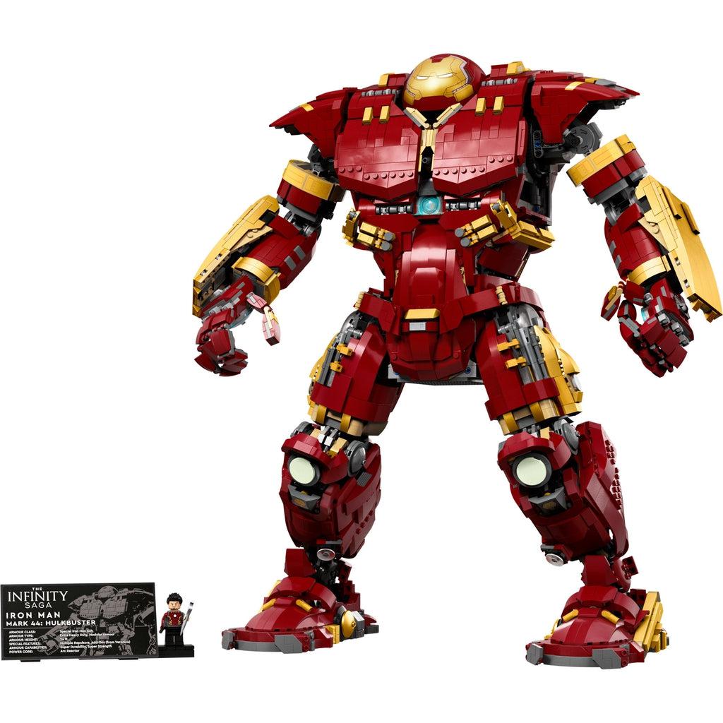 hulkbuster out of the box next to the display plaque and tony stark minifigure