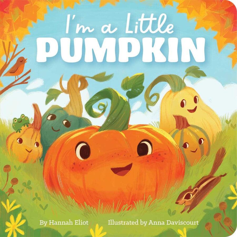 Image of the cover of the I'm A Little Pumpkin book. On the cover is a pile of personified pumpkins with some woodland creatures around.