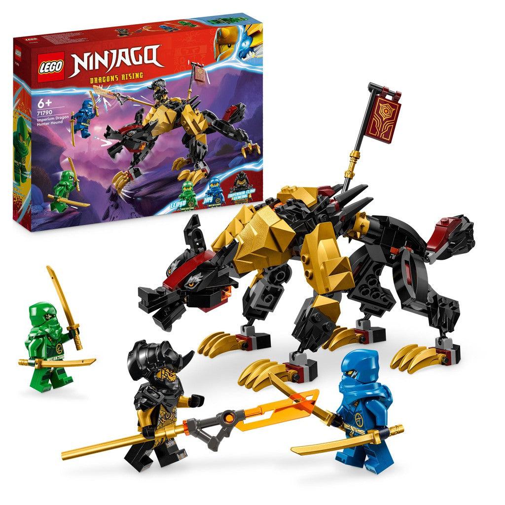 image shows  the LEGO Ninjago box with three ninjas fighting against the imperium dragon hunter hound. its a massive dog with ferocious claws.