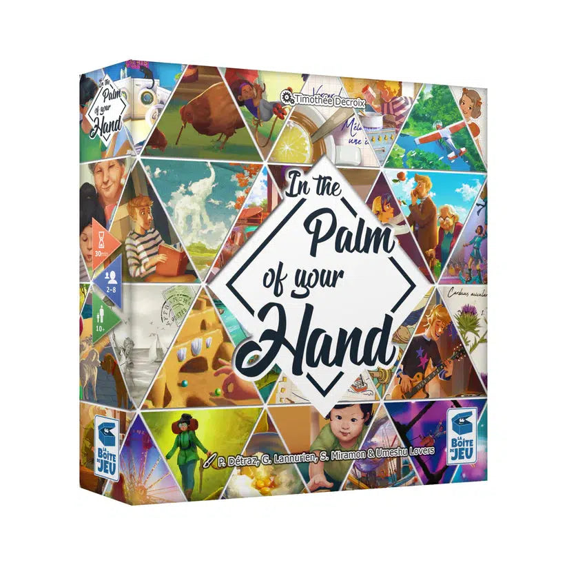 Image of the box for the game In the Palm of Your Hand. The front of the box if full of lots of interlocking triangles with different memories in each one.