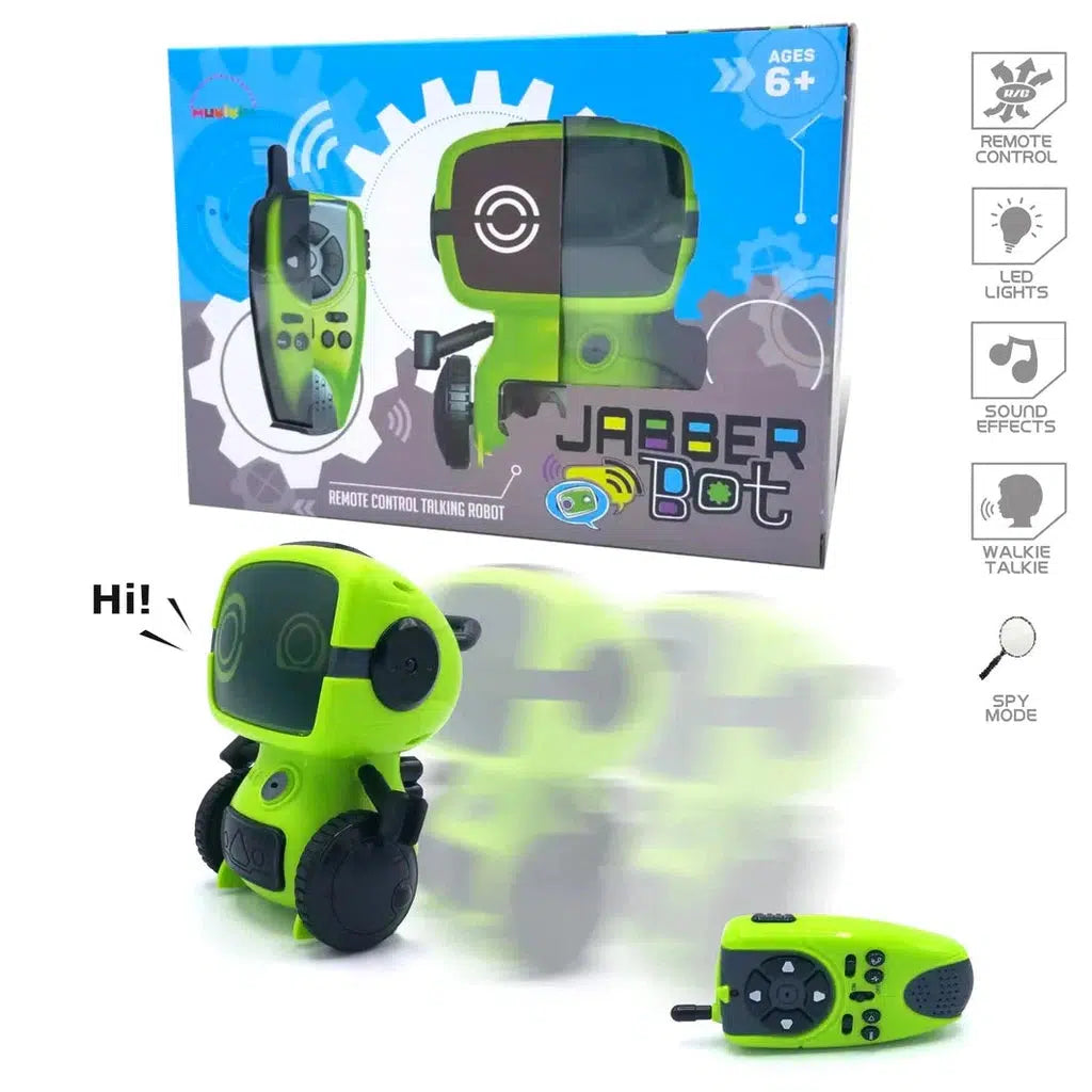 this image shows the adorable jabber bot. with a remote contol, led light, sound effects, walkie talkie and spy mode!
