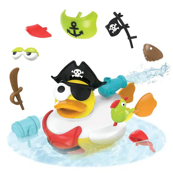 Image of the Jet Duck Create A Pirate bath toy. It has many different removable and replaceable parts like an eye patch, different shirts, a beard, hats, a parrot, weapons, and a pirate flag.