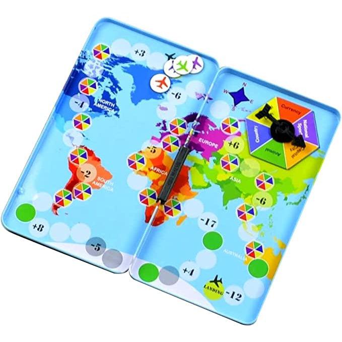 Image of the opened game tin. On the inside of the tin is a colorful map of the world with a game board track on top of it. It comes with a spinner and game pieces.