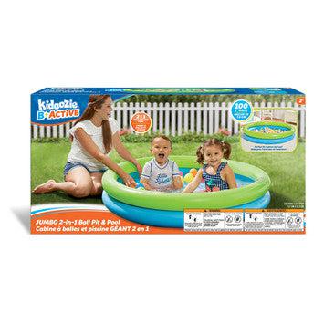 Image of the packaging for the Jumbo Ball Pit & Pool. On the front is a picture of a mom and her two kids enjoying the pool.