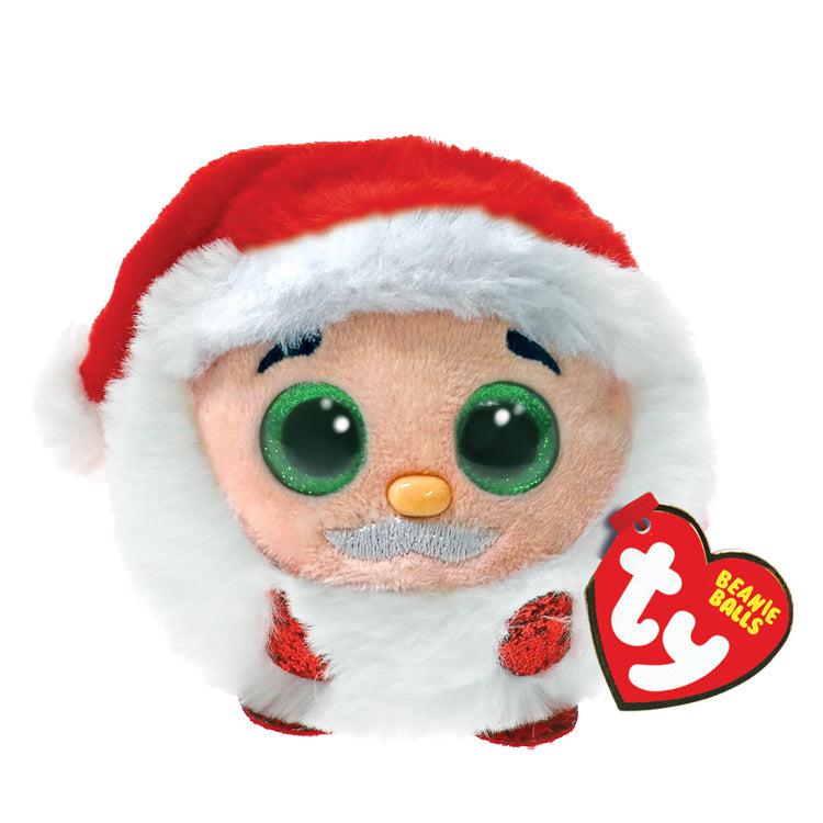Image of the Kris Santa Round Puff plush. It is Santa but in a round sphere shape. He has a big white beard, green eyes, and a soft Santa hat.