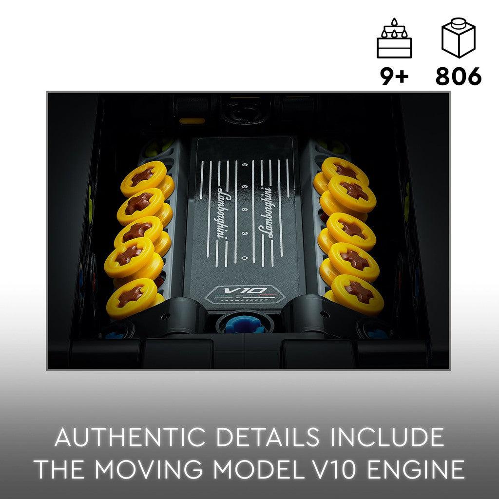 for ages 9+ with 806 LEGO pieces. Authentic details include the moving model v10 engine