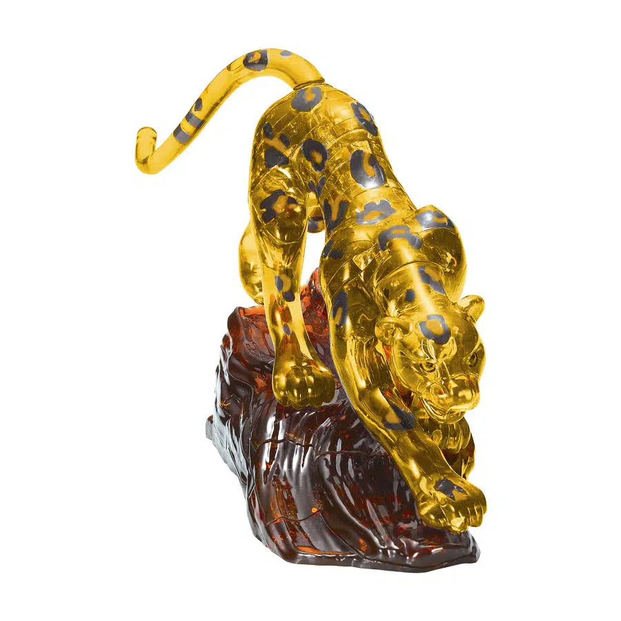 Image of the 3D leopard crystal puzzle. It is a yellow crystal leopard on top of a brown crystal wood branch.
