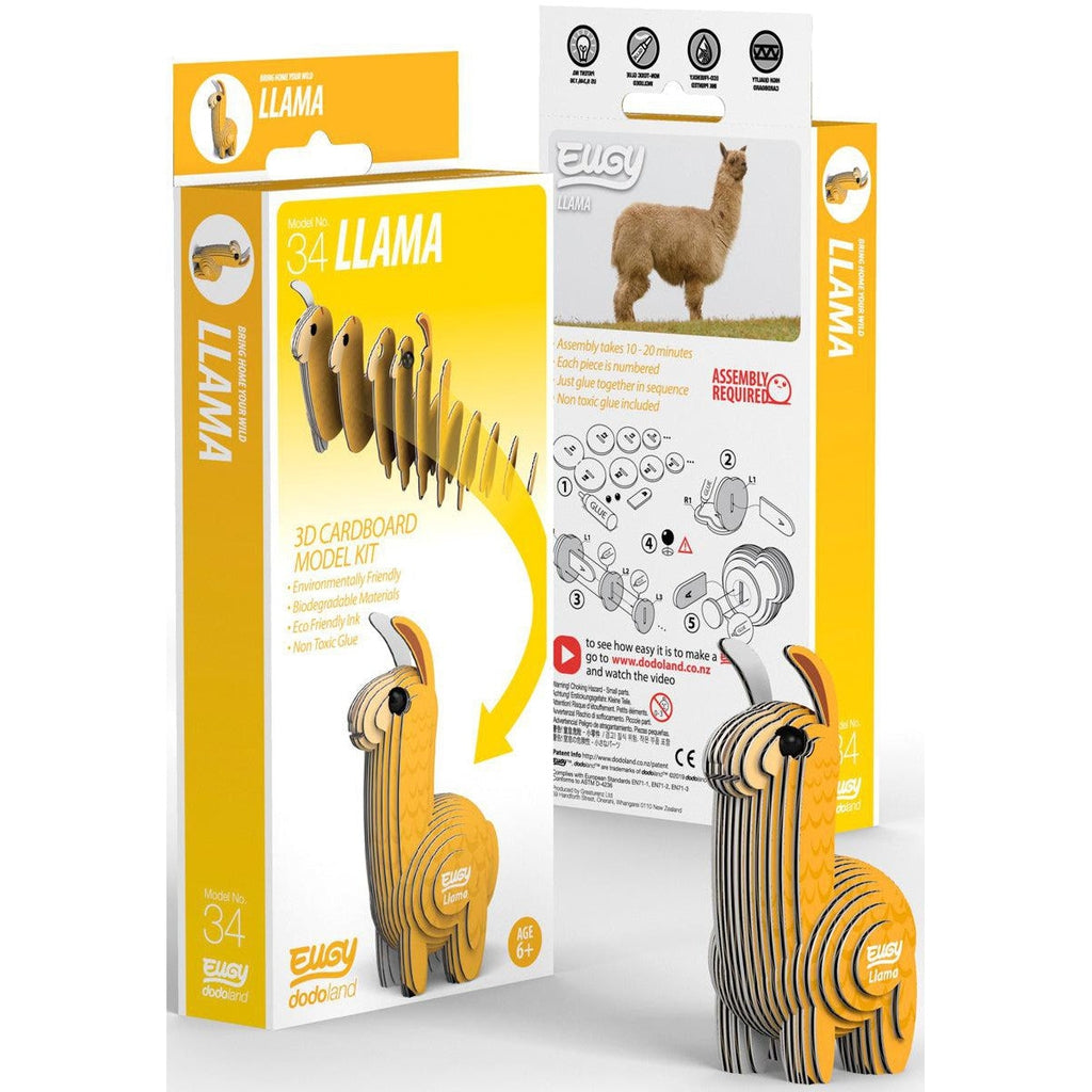 Image of the packaging for the Llama Eugy. On the front is a picture of all the layers that go into making this animal.