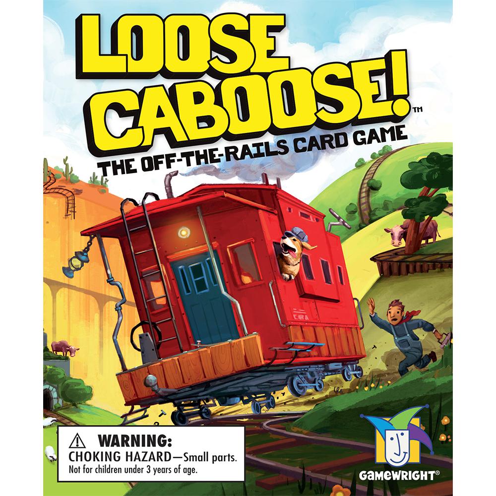 Image of the front of the box for the game Loose Caboose. On the front is an illustration of a dog driving the caboose of a train through the hills while the train conductor runs to catch up.
