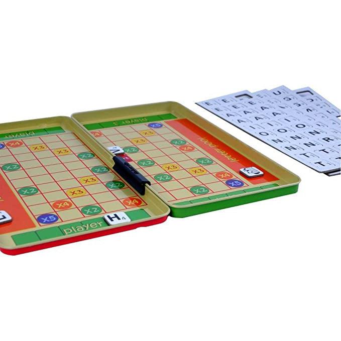 Image of the inside of the game tin. Both sides together make the game board. It is styled like the original scrabble game and it comes with magnetic letter pieces.