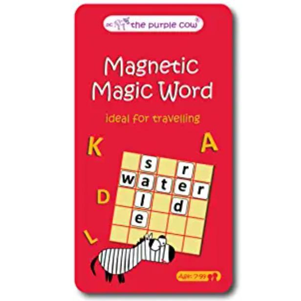 Image of the tin for the Magic Word TO GO game. On the front is picture of a small game board with a cartoon zebra making words with the letter game pieces.