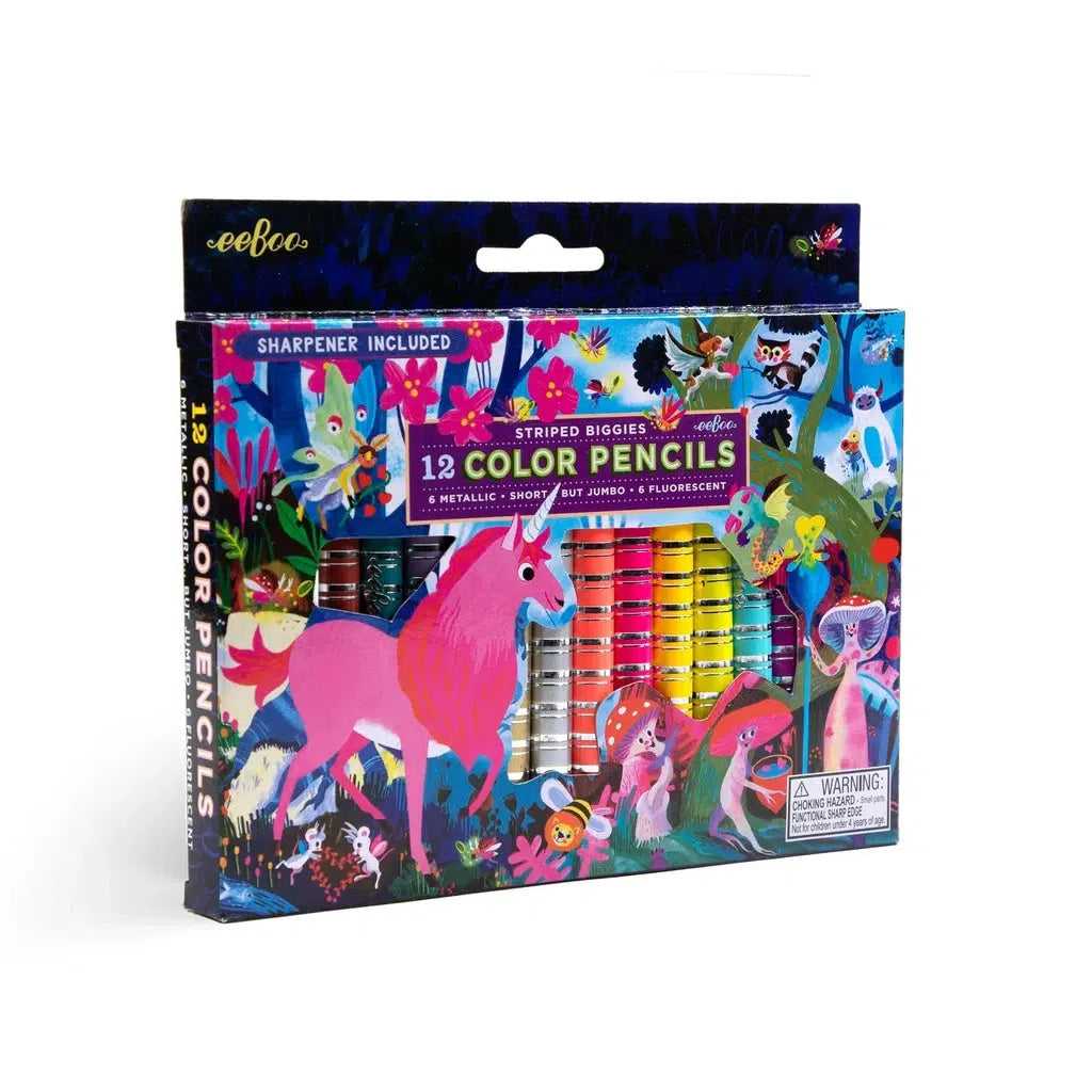 this image shows the colored pencils from eeboo. there is a pencil sharpener inside as well. the packaging is covered in vibrant art of a unicorn
