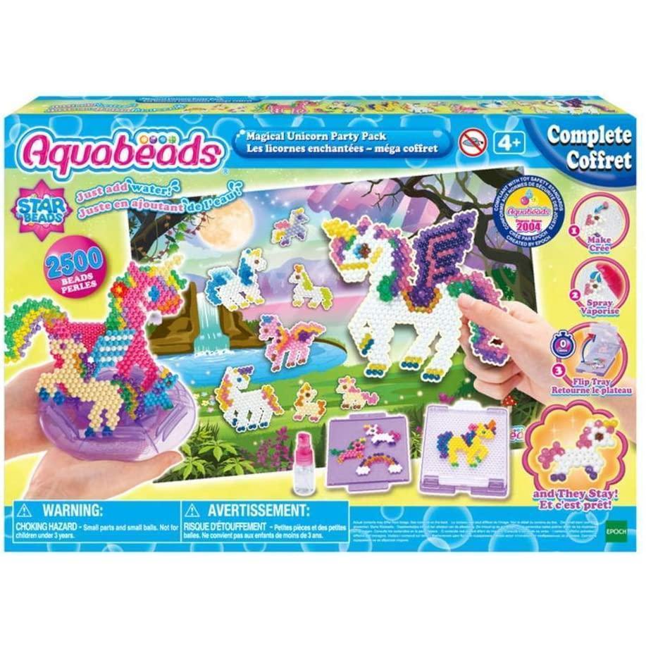Box display of Aquabeads, the magical unicorn party pack. includes 2500 beads and templates to make aquabead unicorns.