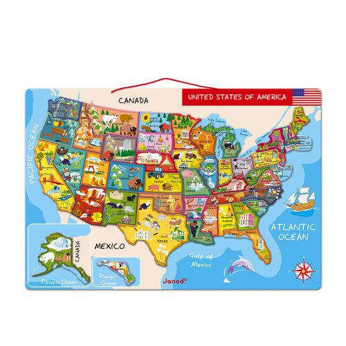 Image of the map with the magnets on it. Each magnet color matches the color of the outline of the state on the board. Each magnet has pictures of identifying elements for each state.