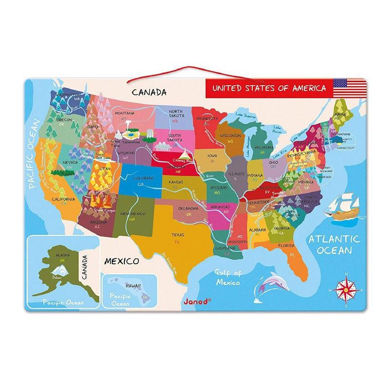 Image of the Magnetic USA Map. It is only a picture of the board. Each state is a different color and there are rivers and mountains shown on the map.