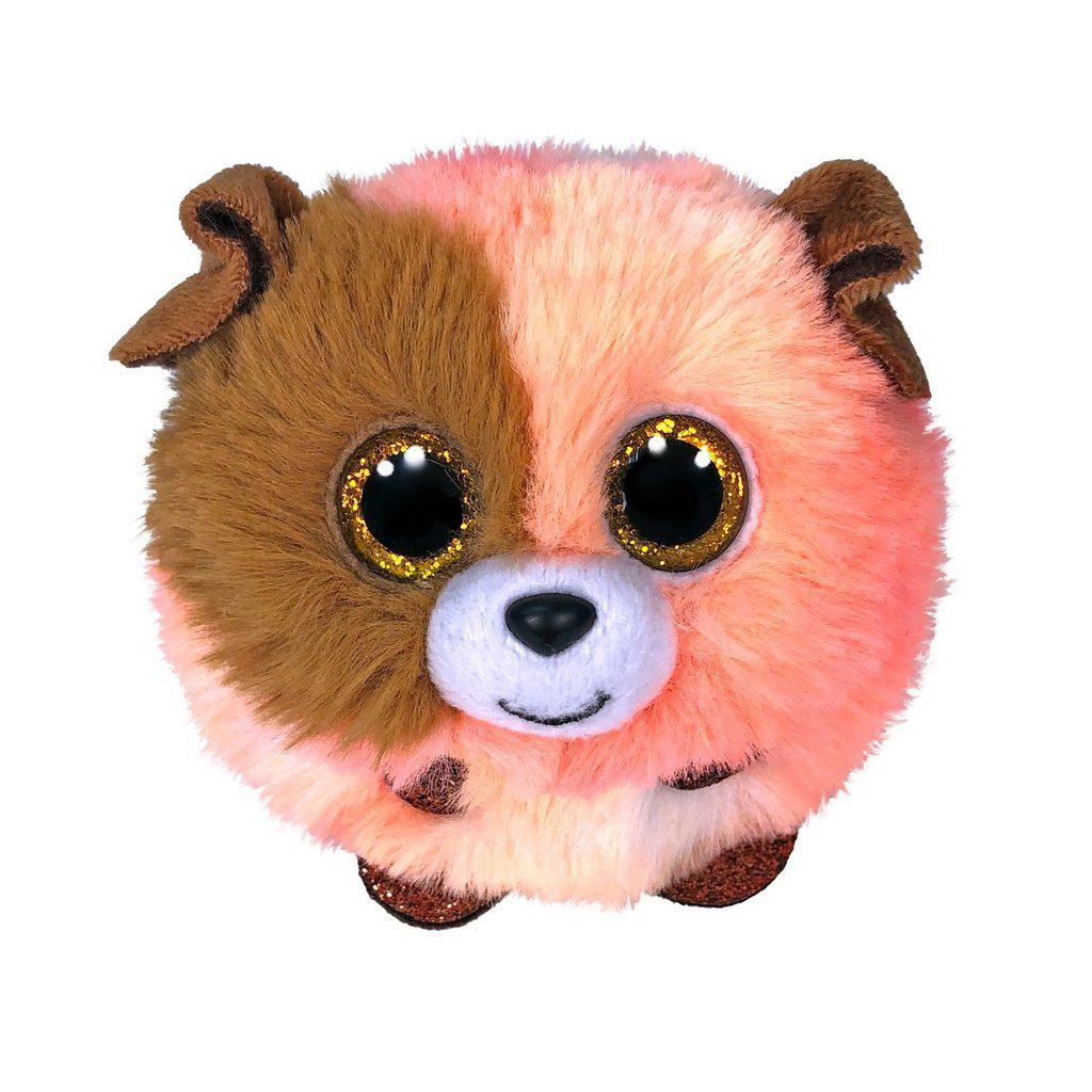 Image of the Mandarin the Dog Beanie Ball plush. It is a coral and brown spotted dog with golden eyes and sparkly pink paws.