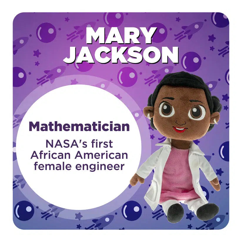The doll is shown next to text stating Mary Jackson was a mathematician and NASA's first african american female engineer.