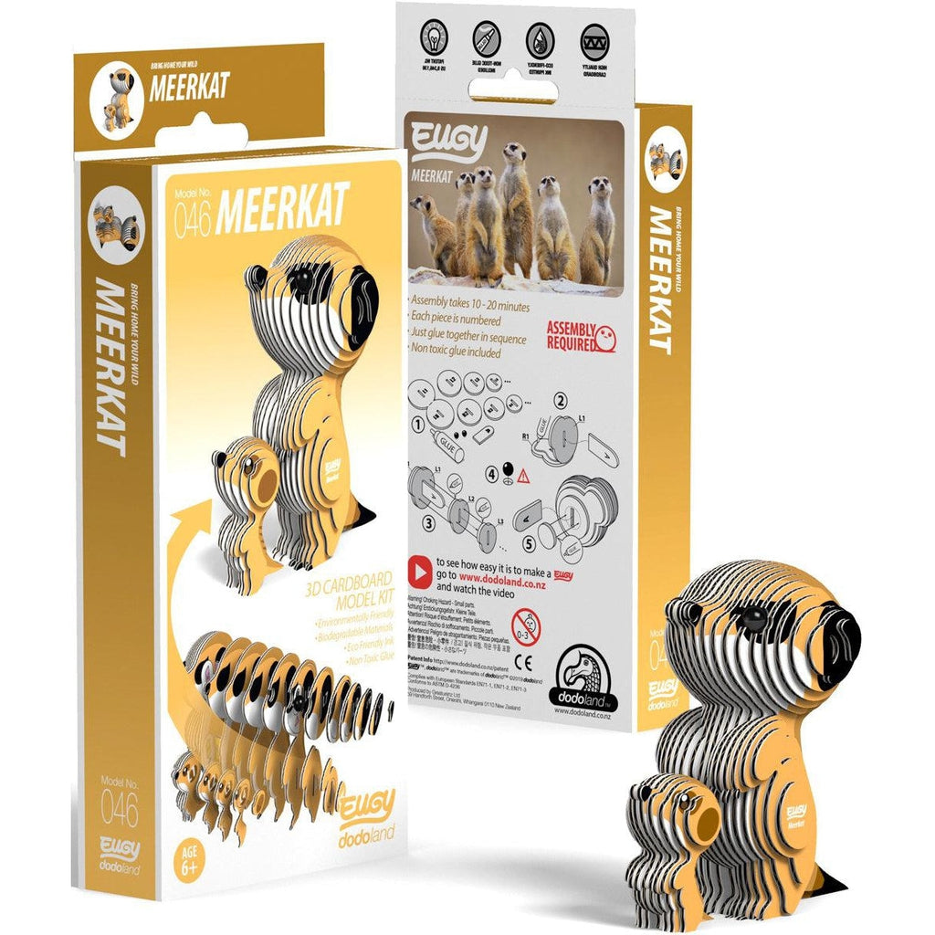Image of the packaging for the Meerkat Eugy. On the front is a picture of all the layers it will take to build the animal.
