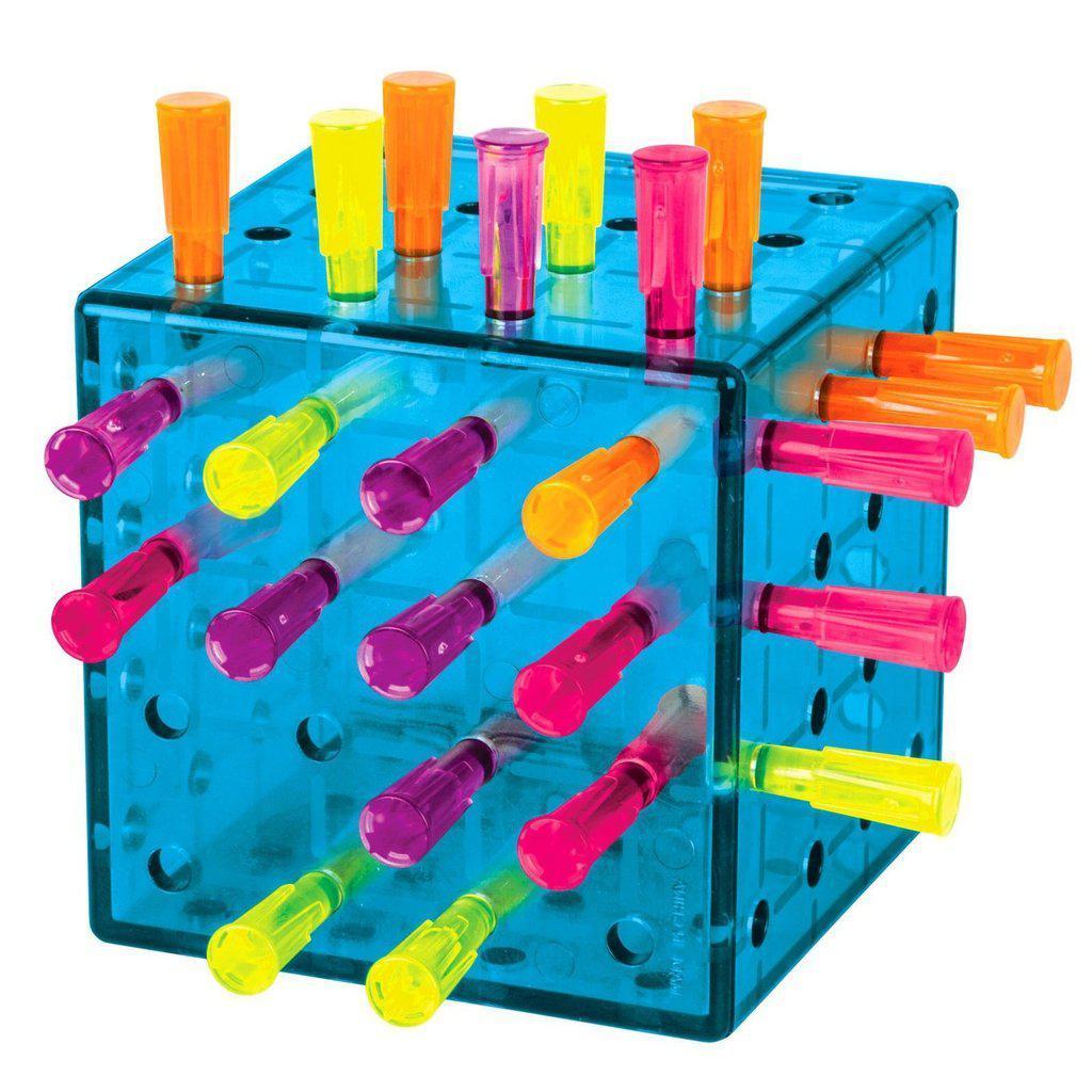 Image of the game pieces outside of the packaging. The plastic cube is blue with many holes in it where pegs can be stuck through it. The pegs come in yellow, orange, pink, and purple.