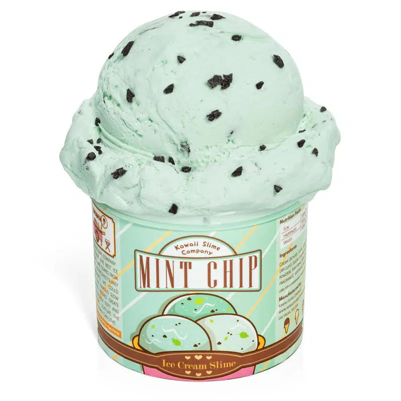 Image of the open slime. It is a light mint colored ice cream textured slime so realistic that you can actually scoop it with an ice cream scoop. It has black "chocolate" chips within the slime.