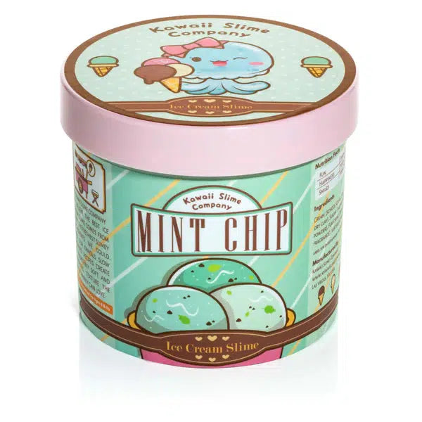 Image of the packaging for the Mint Chip Scented Ice Cream Pint Slime. It comes in a realistic looking ice cream container that you might get it confused with the real thing!