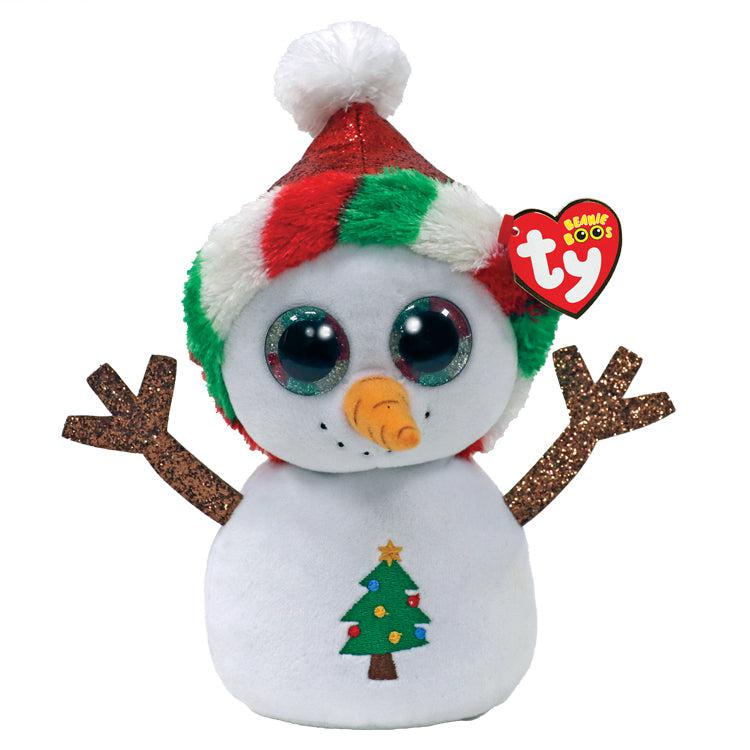 Image of the Misty Snowman plush. It is a snowman with orange carrot nose, sparkly brown stick arms, multicolored (green, white, and red) eyes, and a Christmas tree marking on its belly. He is wearing a sparkly Santa hat with a multicolored (red, white, and green) fluffy border.