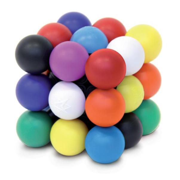 Image of the brain teaser puzzle outside of the packaging. It is a cube made from 9 spheres on each side with the corners and edges sharing with other sides of the puzzle. Each ball is colored one of 9 colors, black, purple, red, dark blue, white, orange, green, yellow, and light blue.