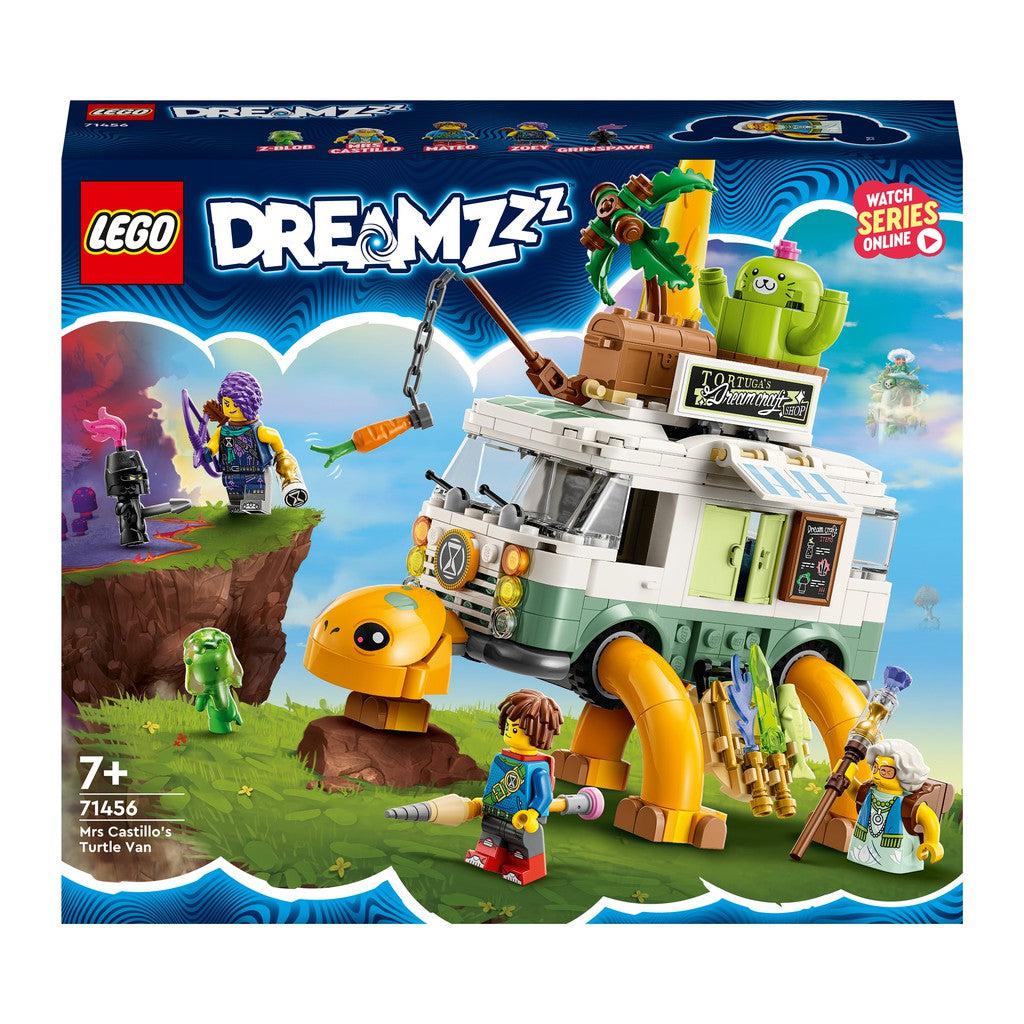 this image shows the lego Dreamzzz set of Mrs Castillo's Turtle Van. The image shows a van with turtle legs and  a head form the dreamzzz tv show. 