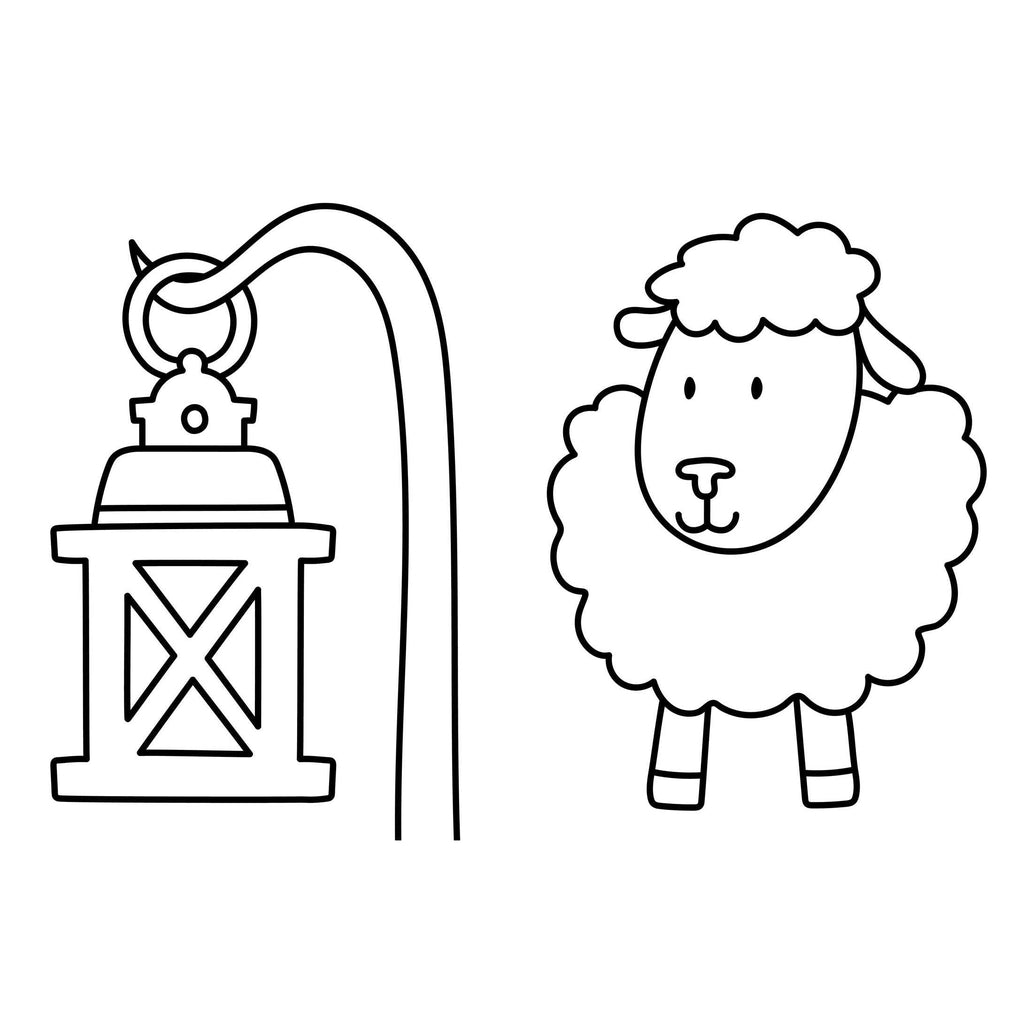 Example of two of the coloring pages. Each page has a large drawing of one object. This example has a lantern on a stick and a sheep.