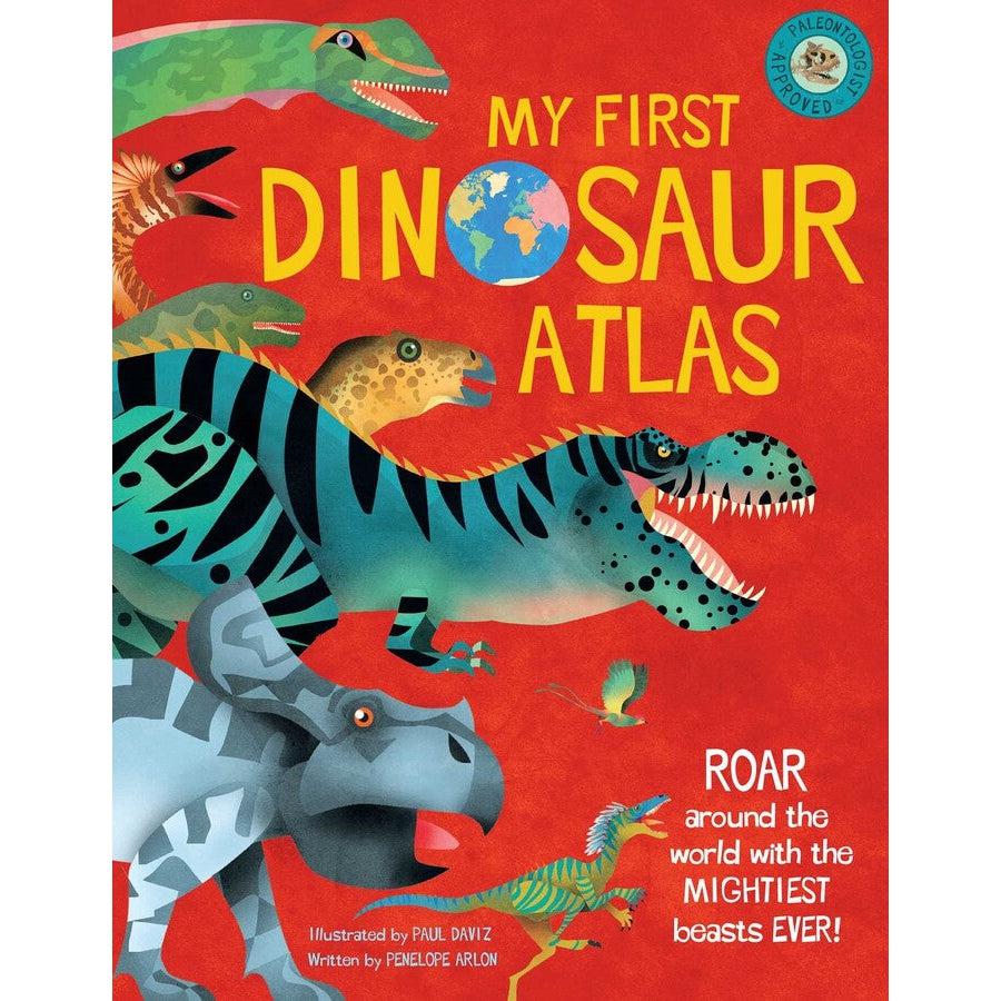 Image of the cover for the My First Dinosaur Atlas book. On the front are many illustrations of differently colored dinosaurs.