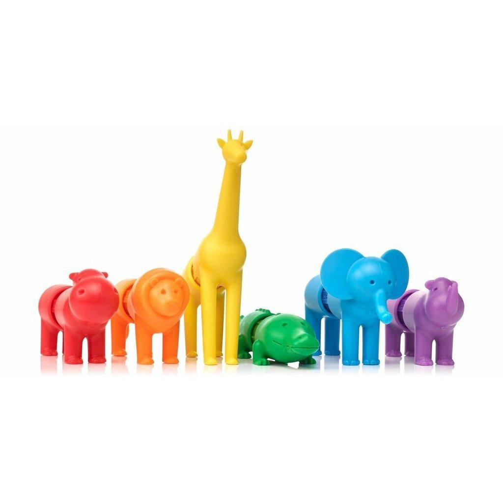 Line up of all the unique animals included. There is a red hippo, an orange lion, a yellow giraffe, a green crocodile, a blue elephant, and a purple rhino.