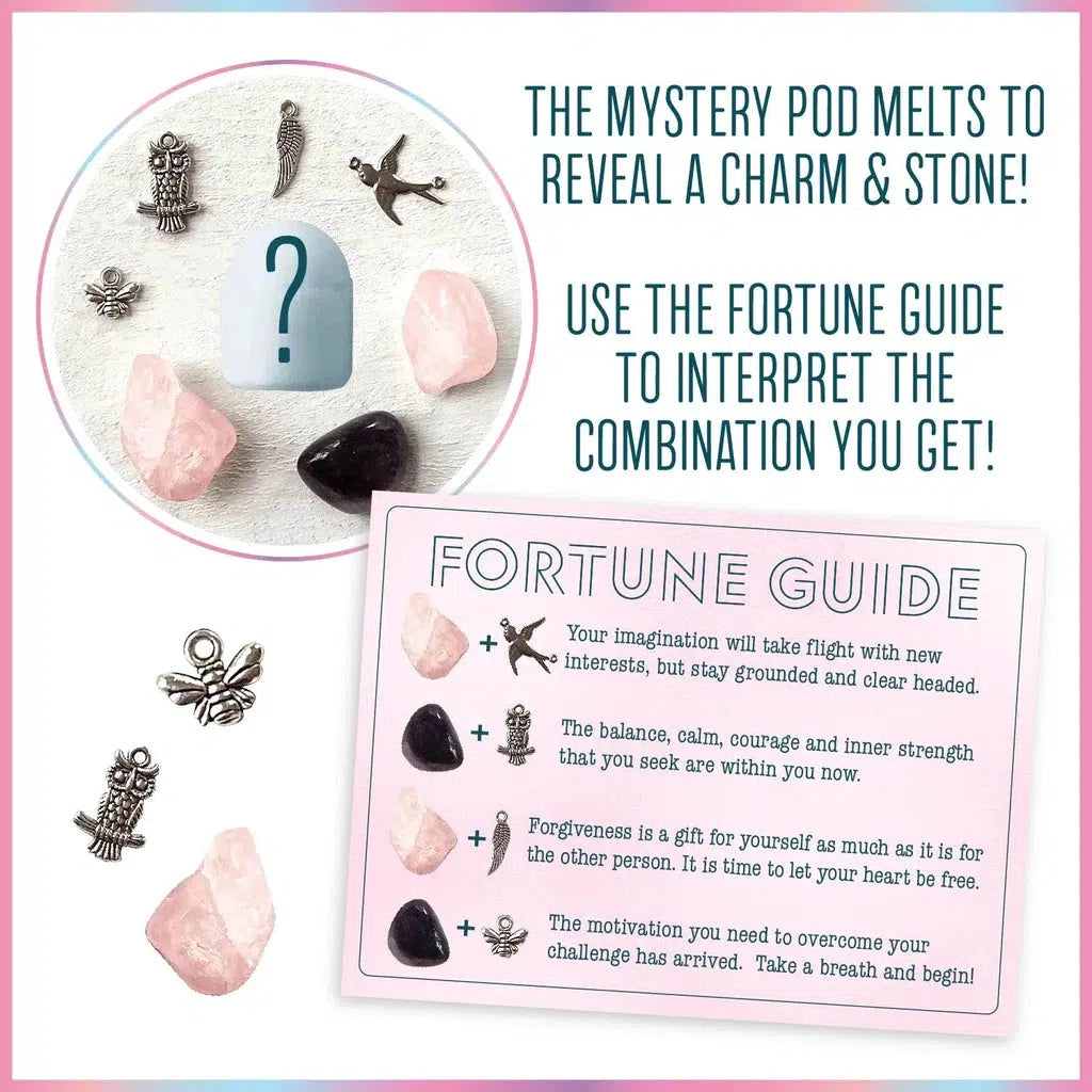 the mystery pod melts to reeal a charm and stone. use the forune guide inside the box to interpret the combination you get. 