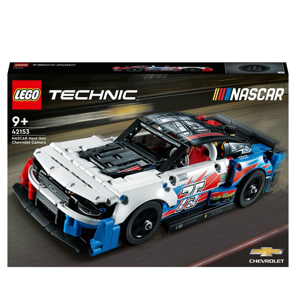 front of the box shows the lego technic nascar speeding down a racetrack