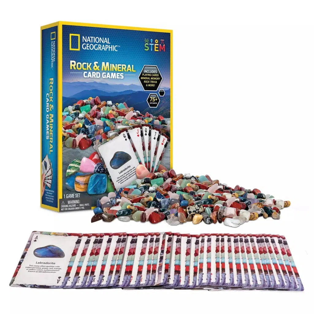 National Geographic Rock and mineral card game. image shows the box the cards come in, as well as all the minerals that come alongside as well to identify with the playing cards