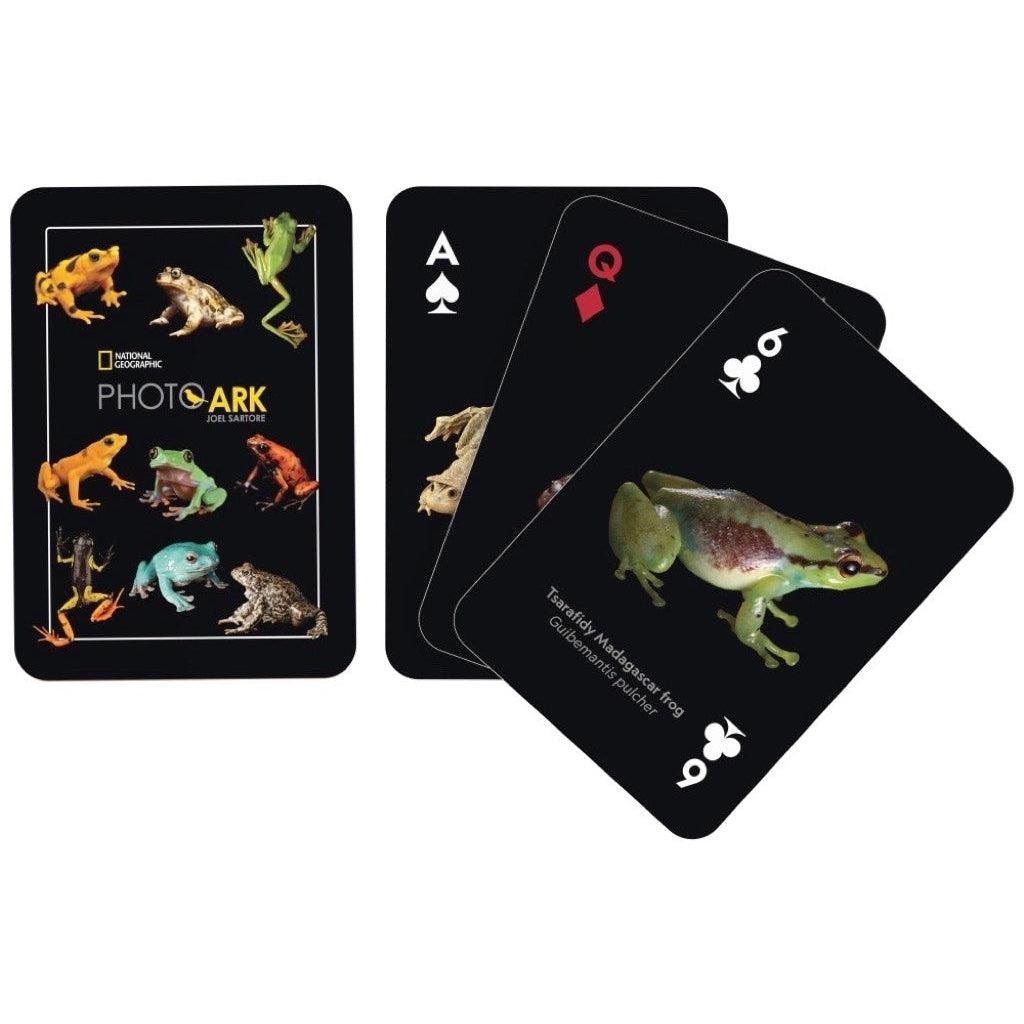 Image of the back of the deck of cards. On the back, there are 9 picture of different amphibians. Some examples include yellow frogs, blue frogs, red frogs, and green frogs.