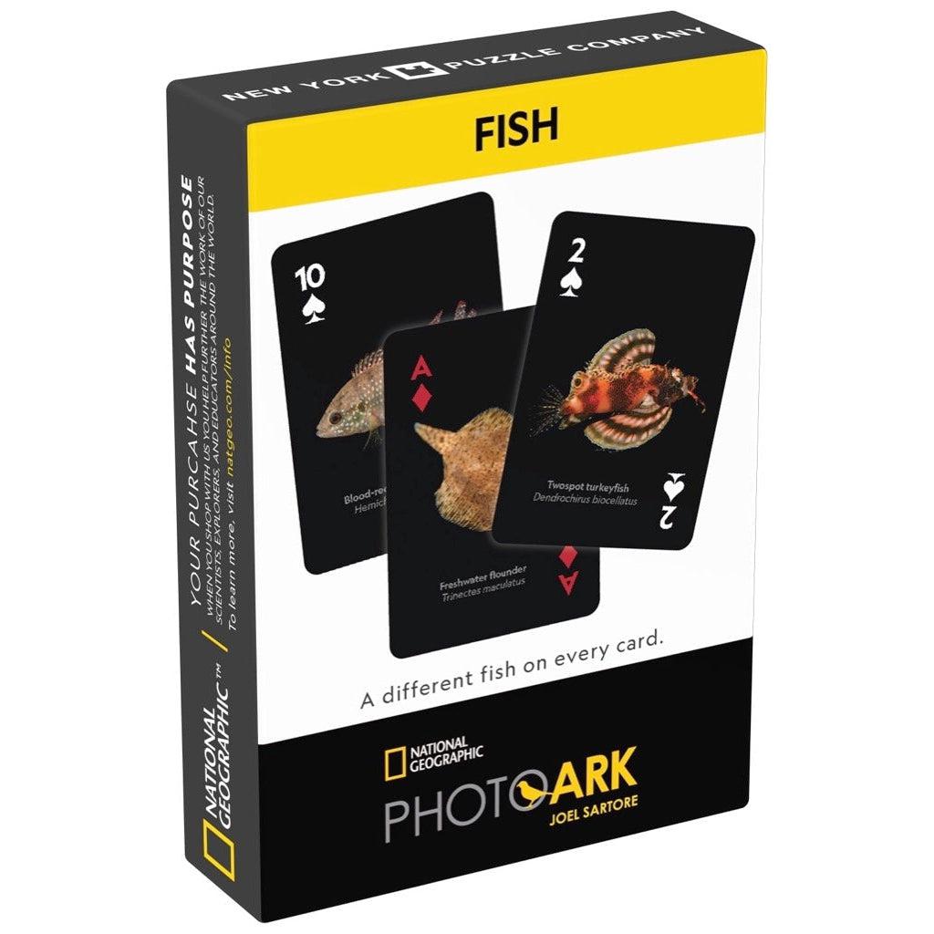 Image of the box for the NatGeo Fish card deck. On the front is a picture of three cards with pictures of different fish on them. It shows that there is a different fish on every card.