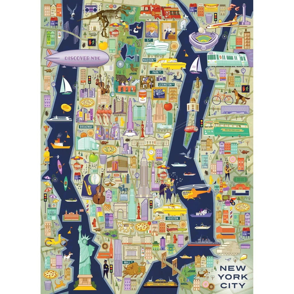 The puzzle is an illustrated map of New York. On it are lots of cartoonish pictures of foods, landmarks, people, and objects to playfully depict this famous city.